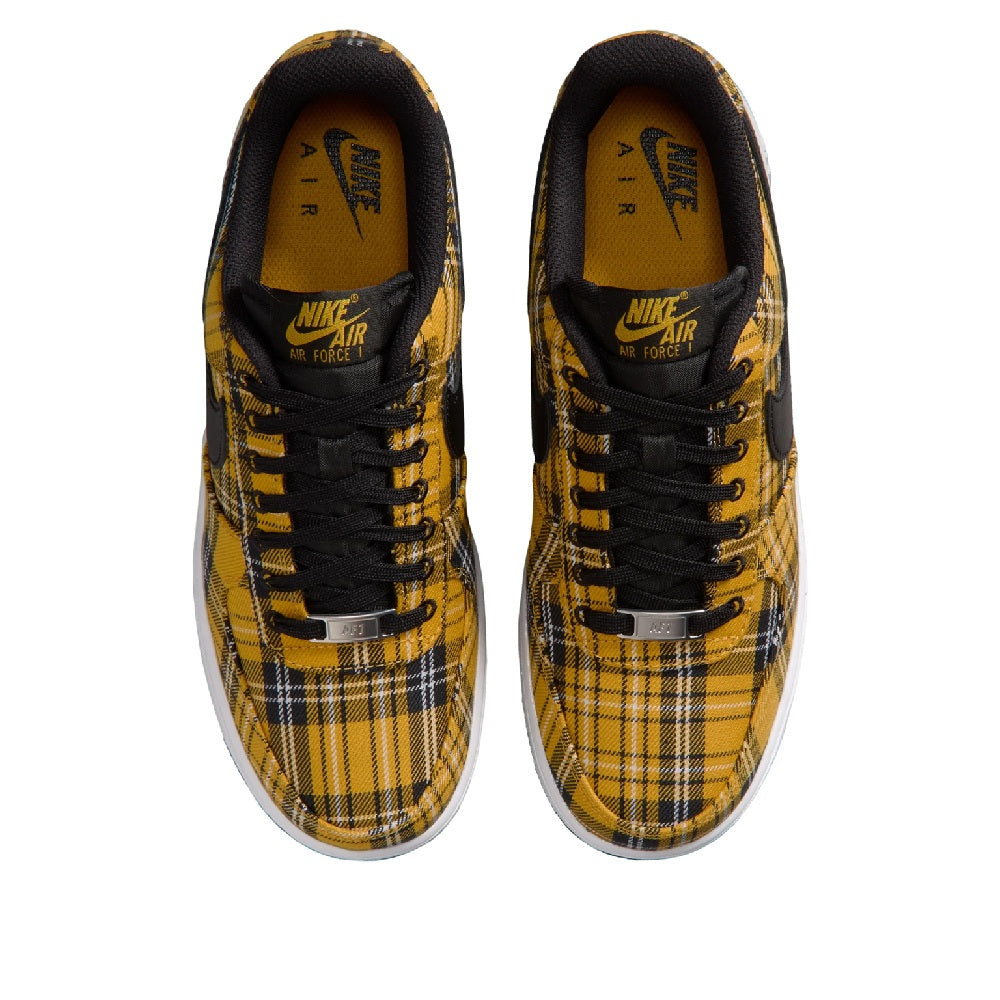 Nike Air Force 1 front view with yellow plaid uppers, black laces, and white toe cap