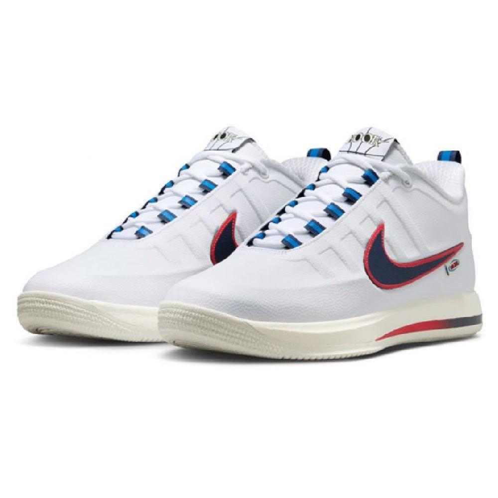 Pair of white low-top sneakers with navy/red swooshes and blue striped laces