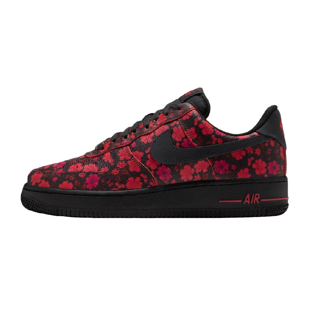 Women's Nike Air Force 1 low-top sneakers with red floral print and black overlays