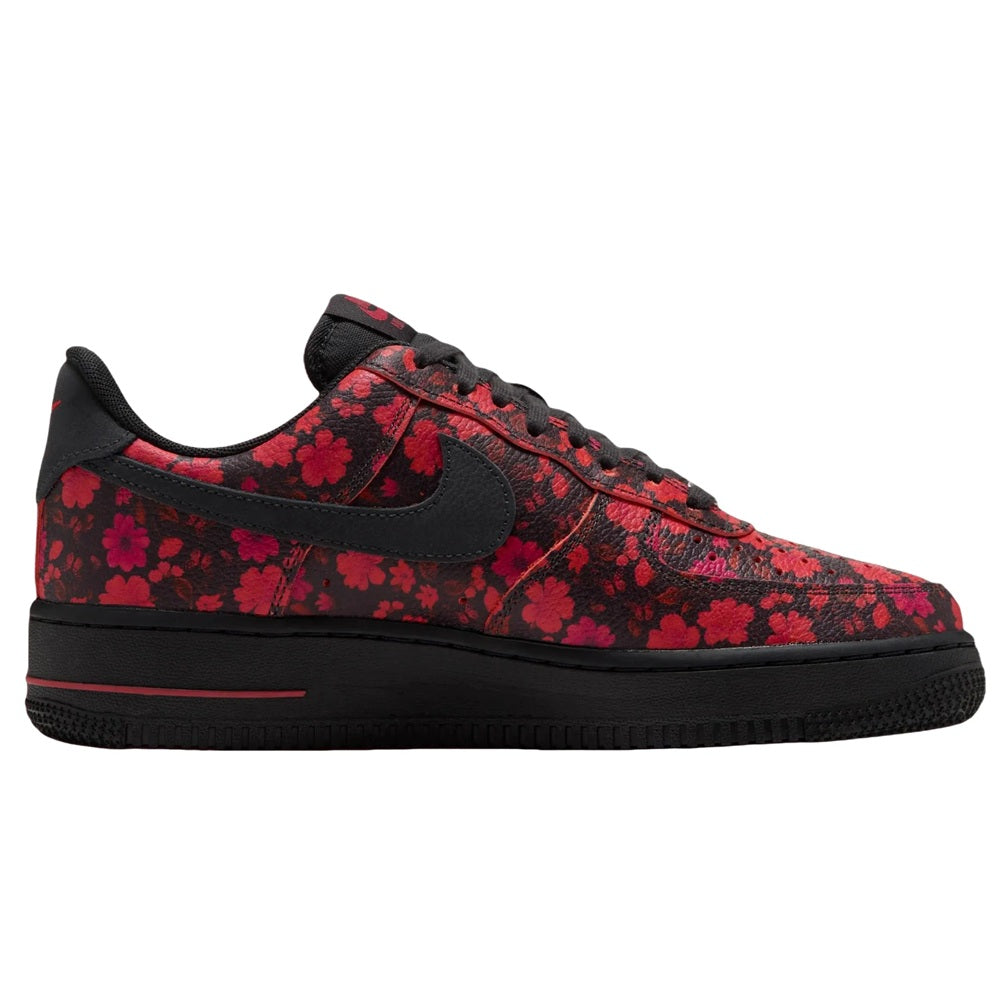 Women's Nike Air Force 1 sneakers, red floral canvas with black Swoosh and laces