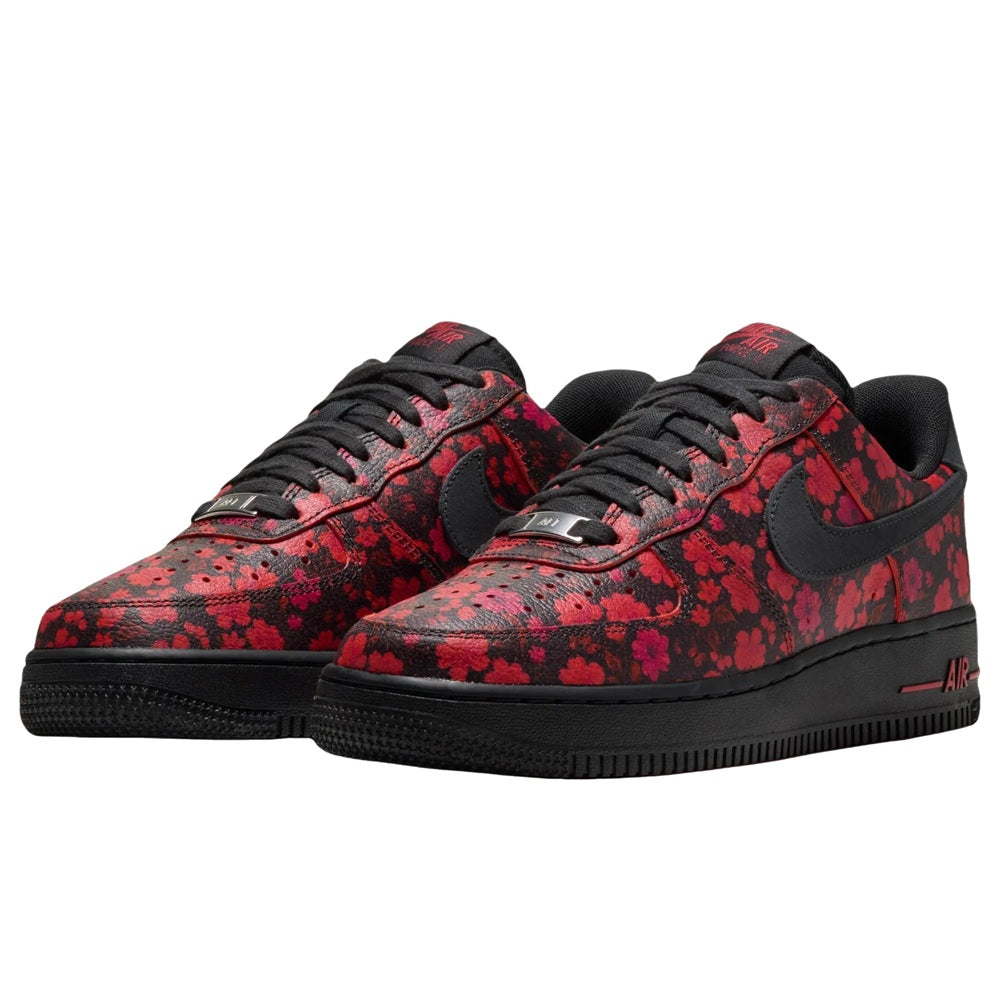 Pair of women's Nike Air Force 1 sneakers, red floral upper with black heel tab