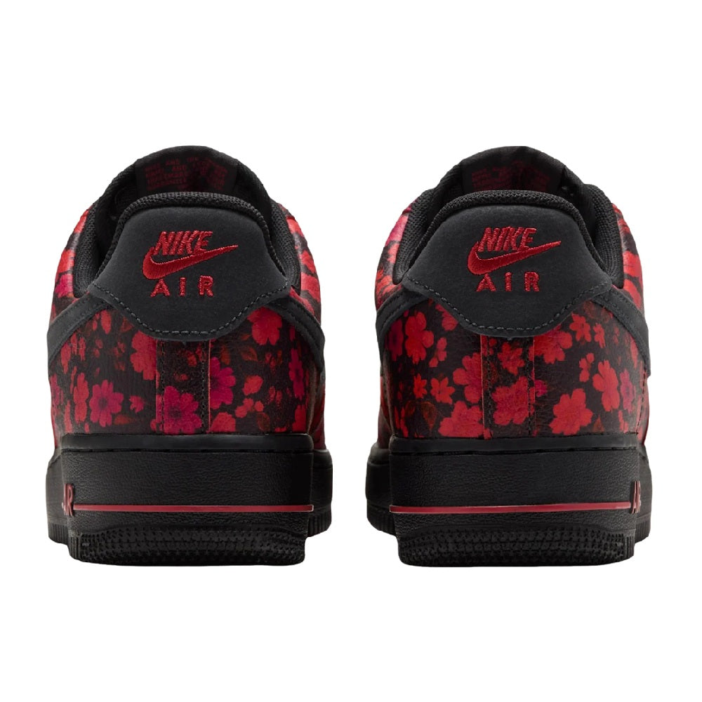 Nike Air Force 1 sneaker heel view with red floral pattern and red Air logo