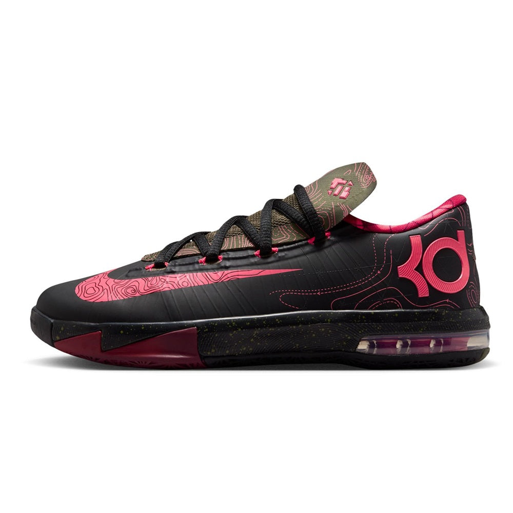 Kids' Nike KD VI basketball sneakers, side view, black with pink 3D logo