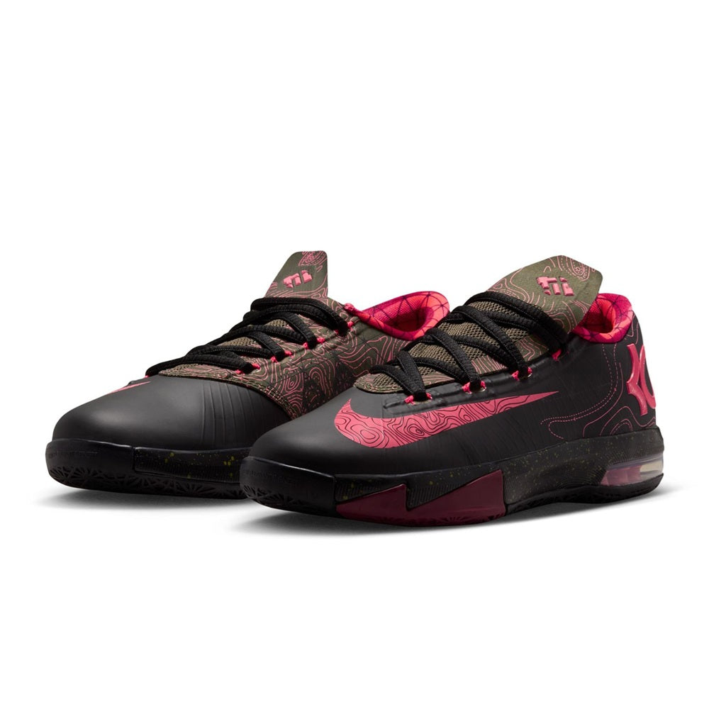 Kids' Nike KD VI basketball sneakers, angled pair, black with pink lining and print