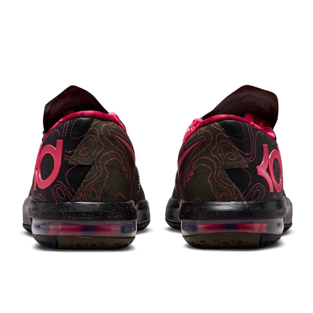 Kids' Nike KD VI basketball sneakers, heel view, black uppers with pink accents