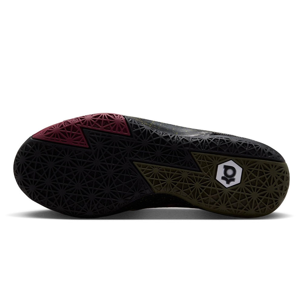 Kids' Nike KD VI basketball shoe outsole, textured traction with pink and olive pods