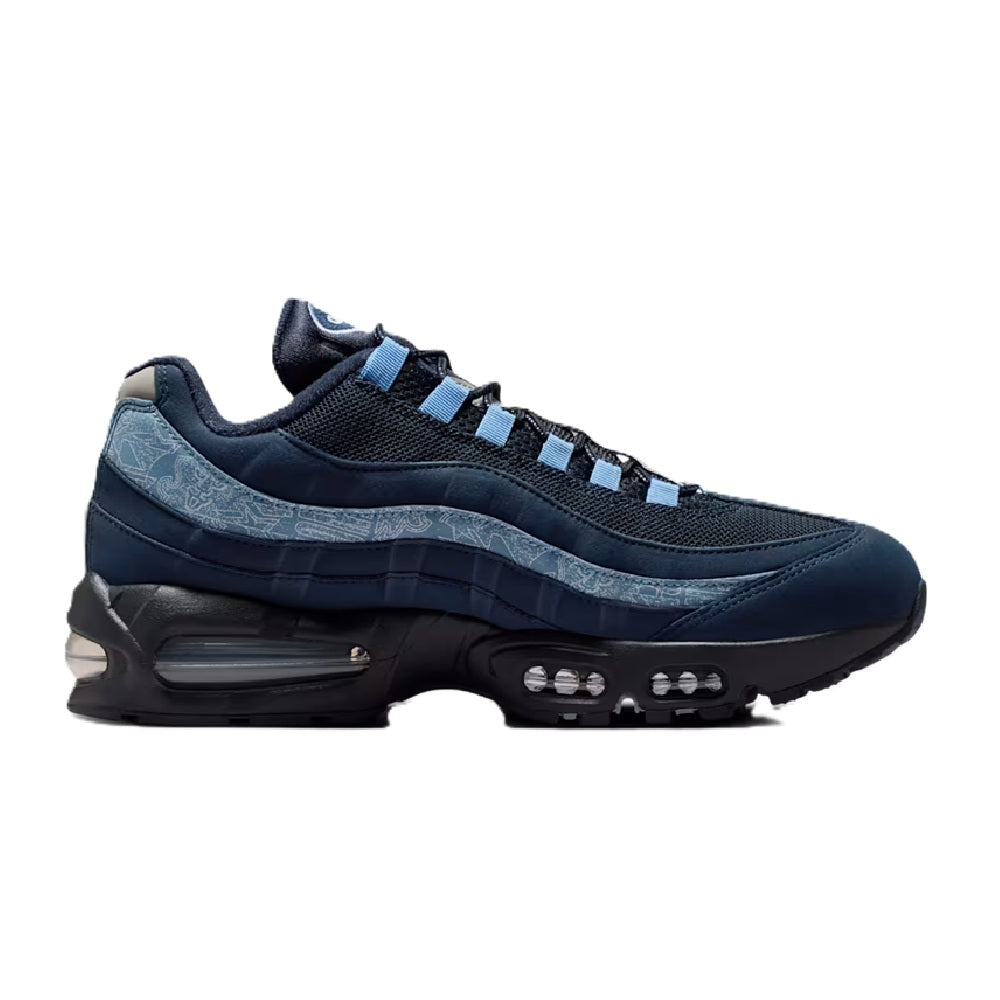 Nike Air Max 95 sneakers in dark navy with light blue laces and visible Air unit