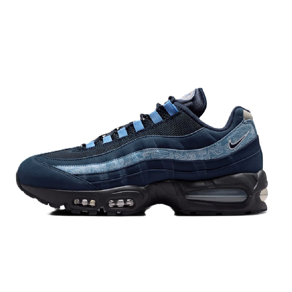 Nike Air Max 95 low-top sneakers, dark navy upper with blue accent laces
