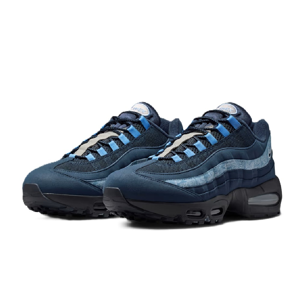 Nike Air Max 95 sneakers, navy mesh upper with light blue lace panel and toe cap