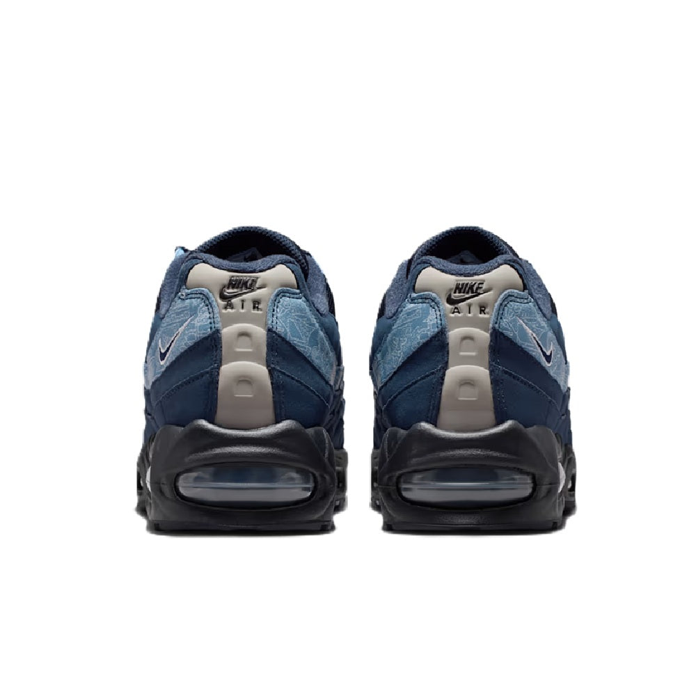Nike Air Max 95 sneakers, rear view with navy heel and blue lace details