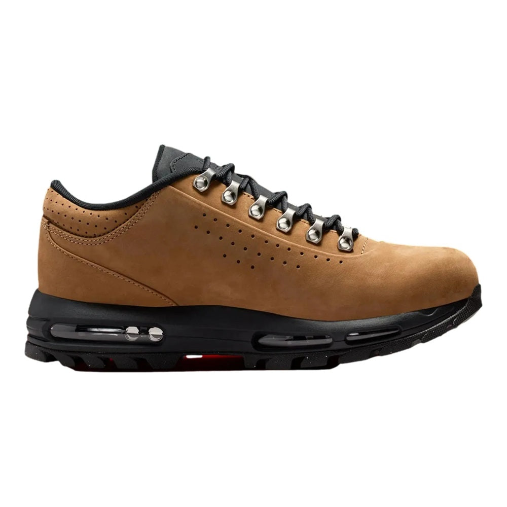 Men's Nike Air Max Goadome low-top sneakers, tan suede with black laces and red accents