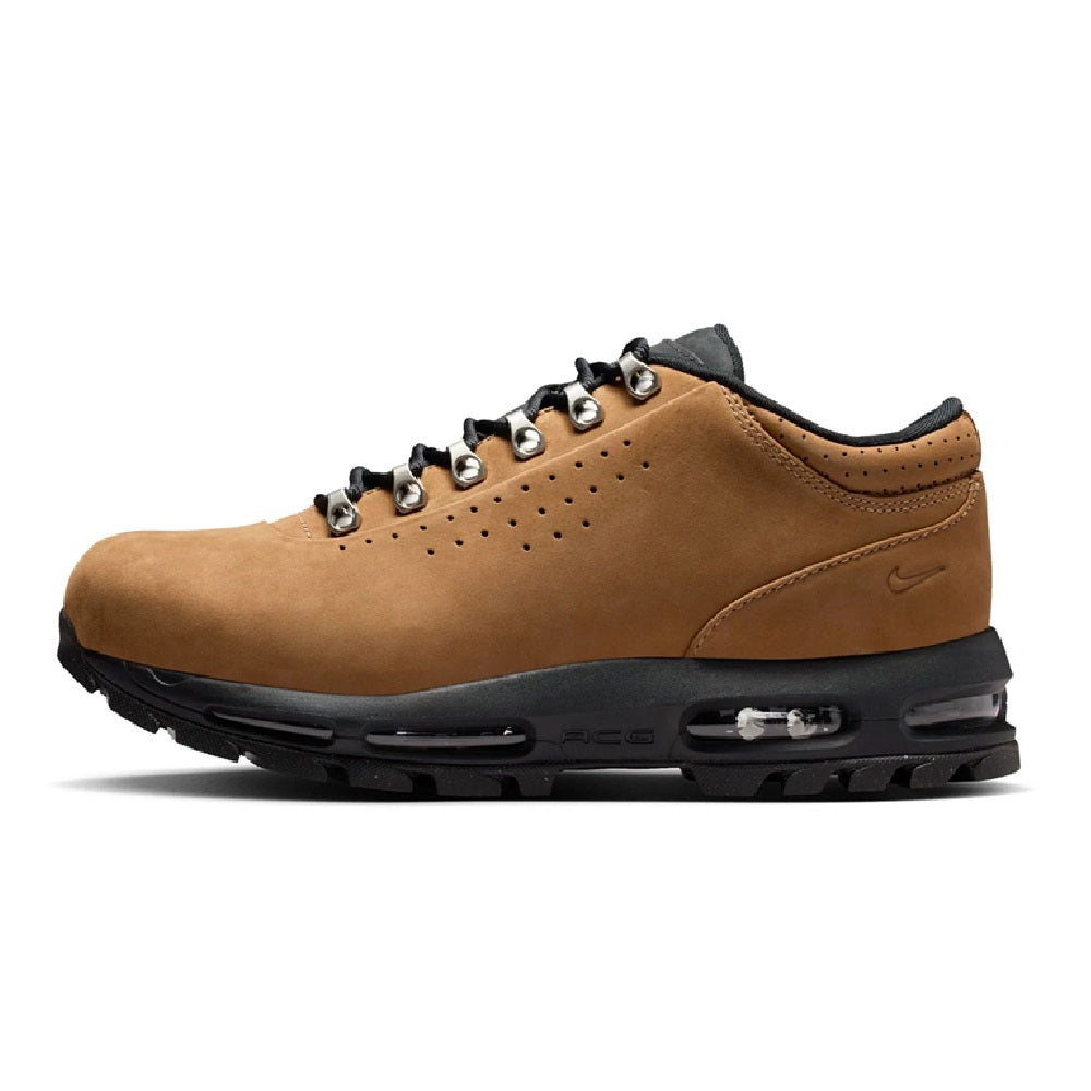 Men's low-top sneakers with tan suede upper, black laces, and visible Air cushioning
