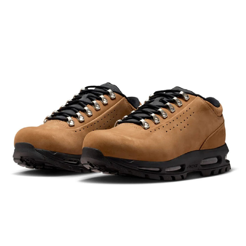 Men's sneakers with tan suede, perforated toe, black laces, and a chunky Air sole