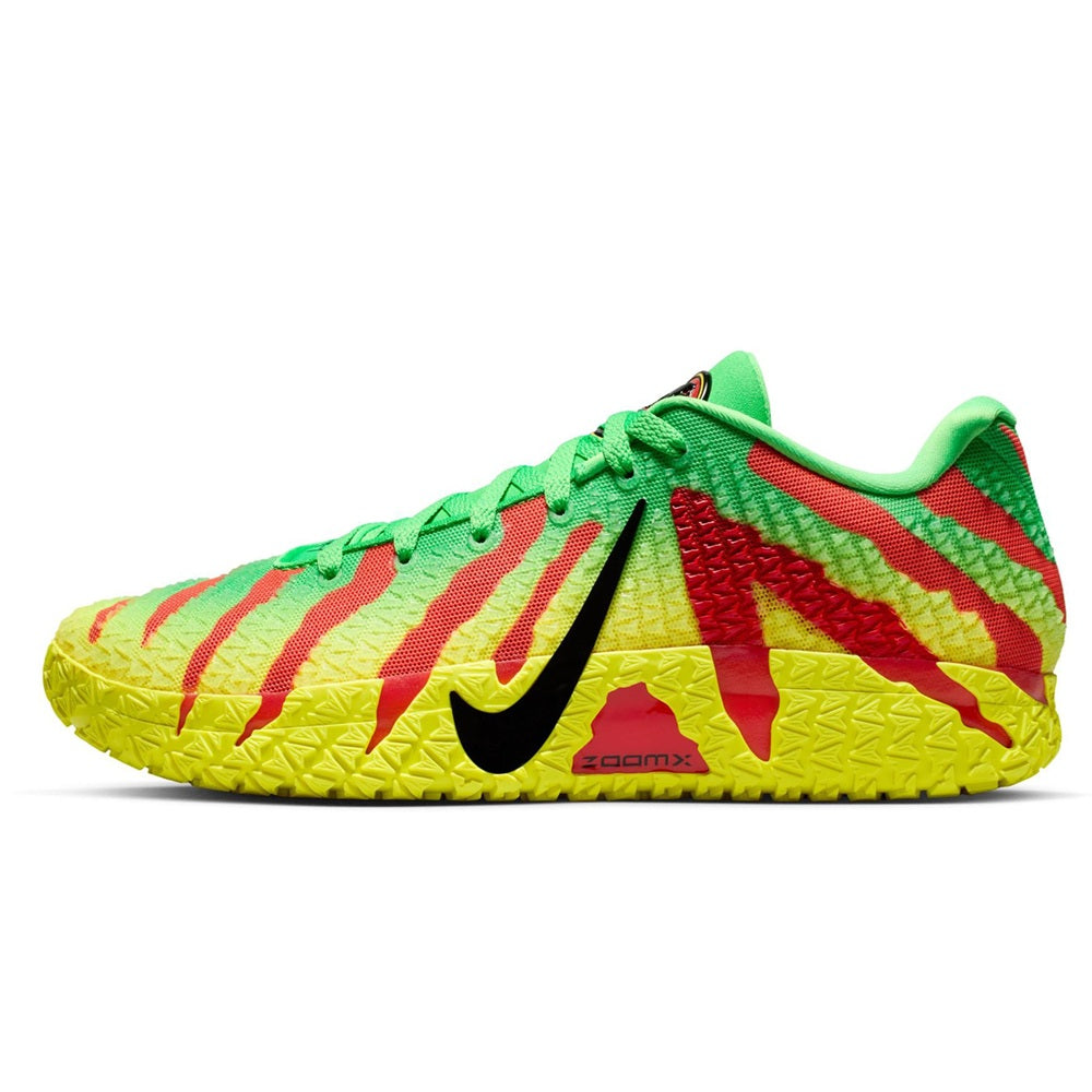Men's Nike Ja 3 JP low-top sneakers, green and yellow with red stripes, black Swoosh