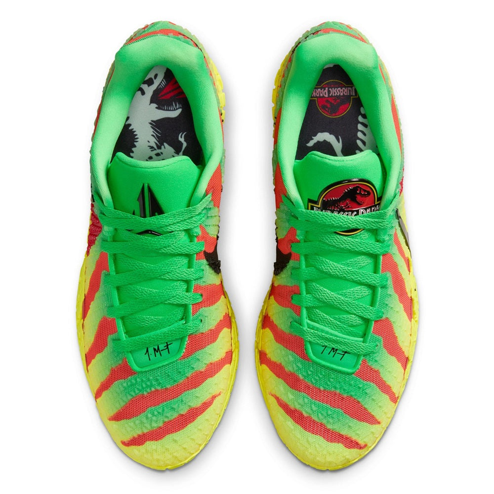 Pair of Nike Ja 3 JP sneakers with green laces and multicolor zebra-style panels