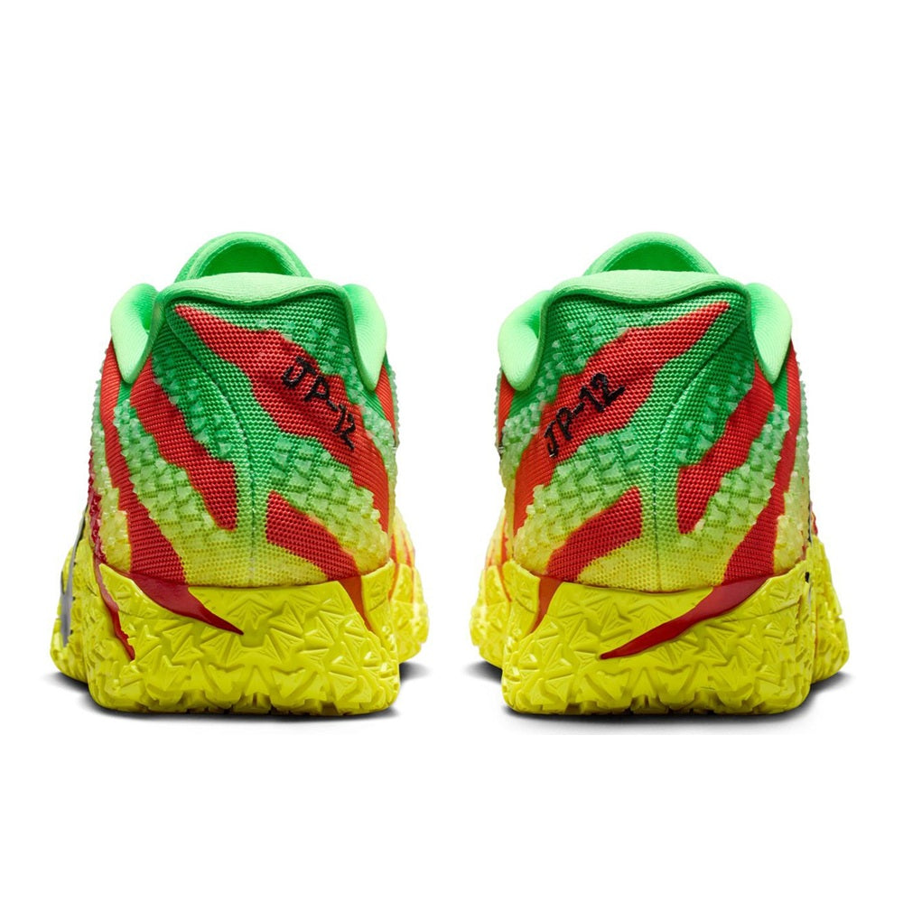 Nike Ja 3 JP sneakers heel view with green lining, red accents, and yellow outsole