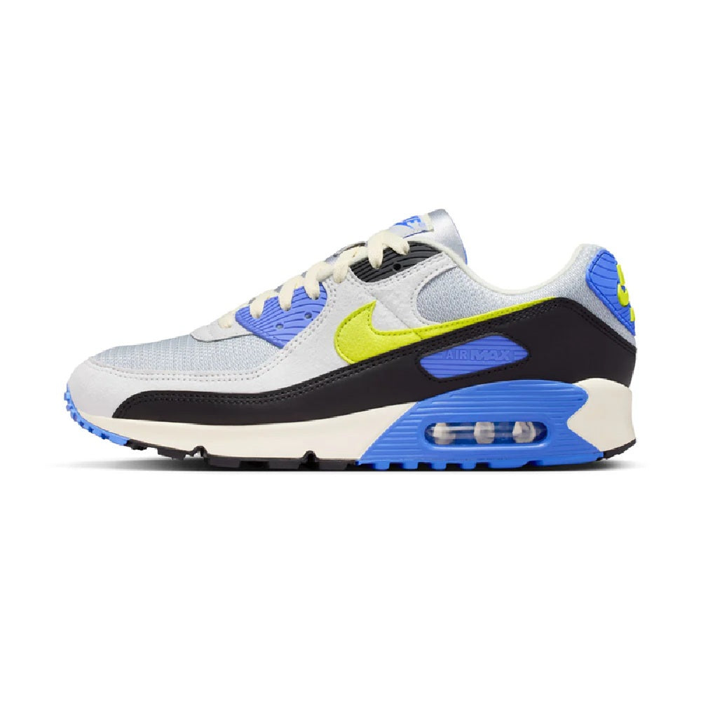 Men's Nike Air Max III side view lace-up sneakers in light gray mesh with blue and black