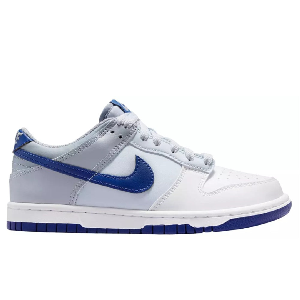 Kids Nike Dunk Low sneakers, white leather with deep royal blue swoosh and accents