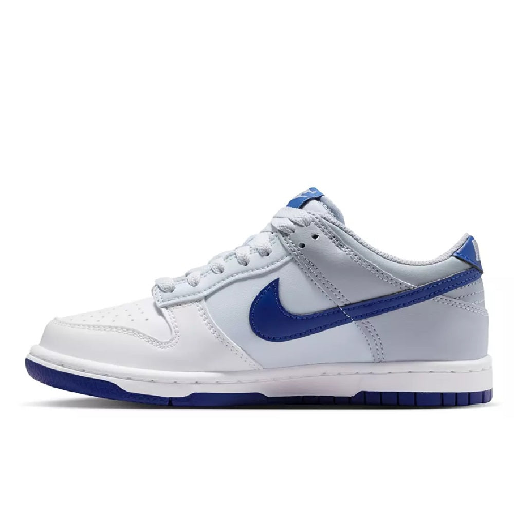 Kids Nike Dunk Low low-top sneakers, white upper with blue Swoosh and lace panel