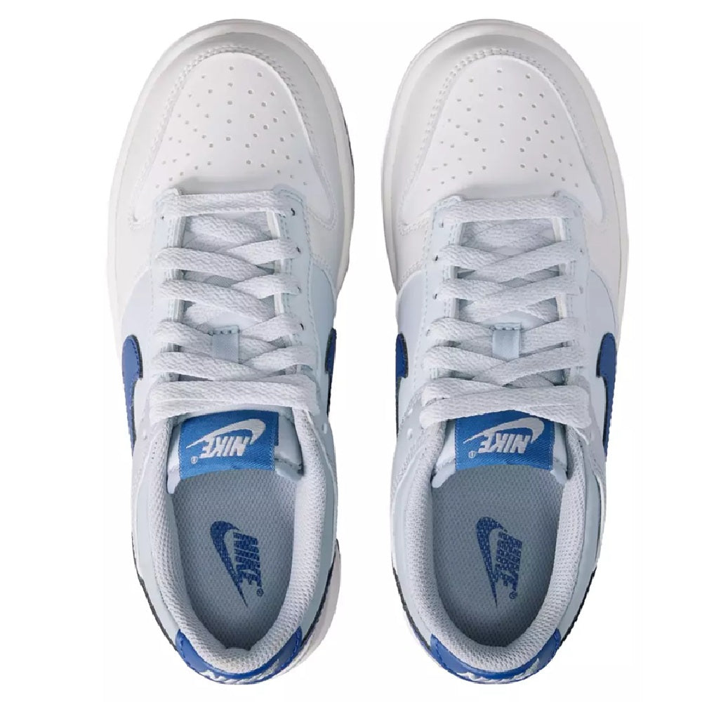Kids Nike Dunk Low sneakers, white laces on light upper with blue eyelet overlays