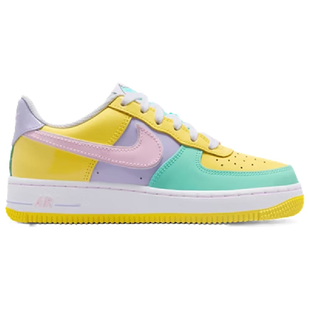 Kids' Nike Air Force 1 sneakers with yellow, pink, mint, and lavender panels
