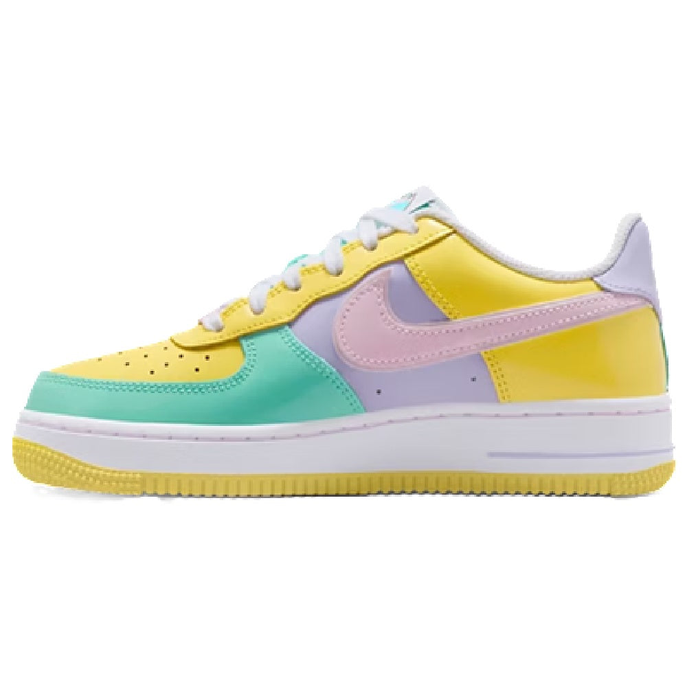 Kids' Nike Air Force 1 sneakers, side view with multicolor panels and white laces
