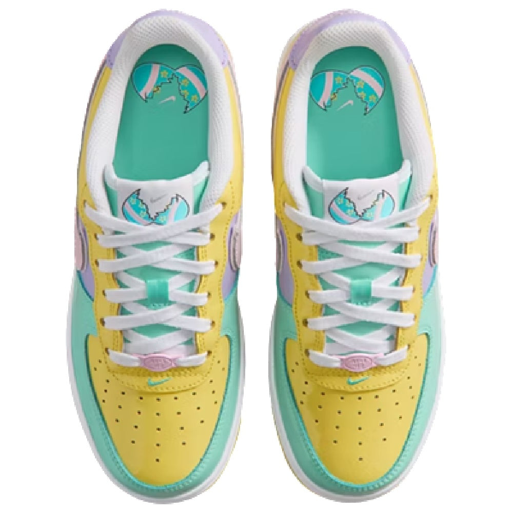 Kids' Nike Air Force 1 sneakers, front view with colorful upper and white laces