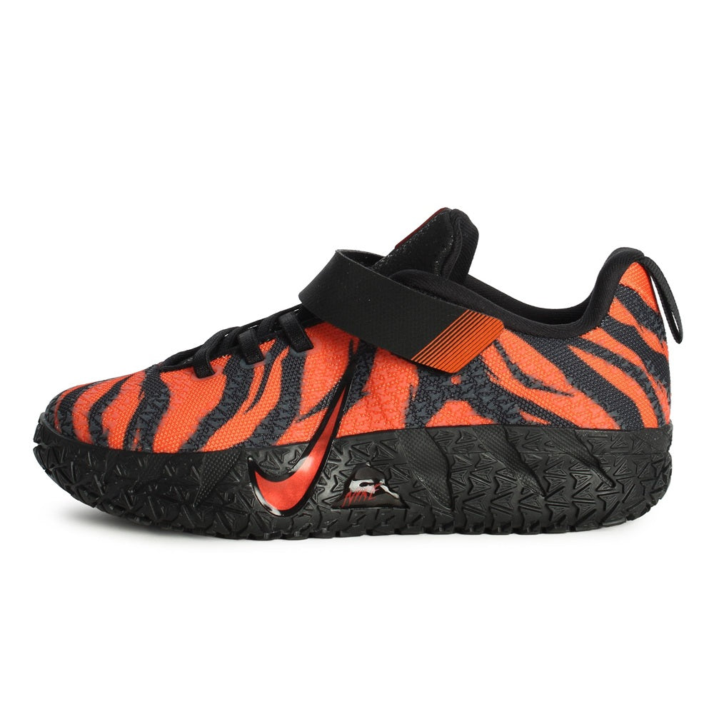 Kids Nike Ja 3 animal-print sneakers, orange and black zebra stripes, hook-and-loop strap