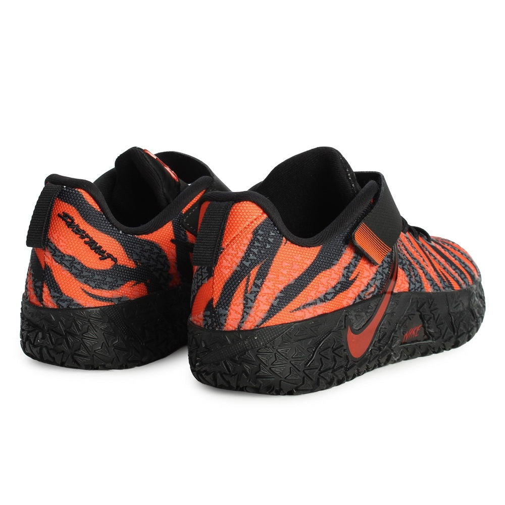 Kids Nike Ja 3 back view sneakers, orange/black zebra uppers with black heel pull tab