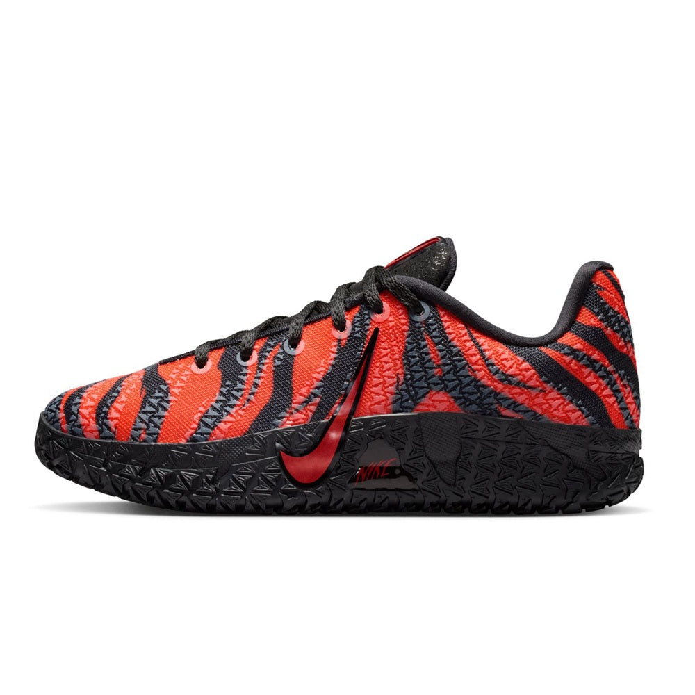 Kids' Nike Ja 3 sneakers in safety orange and black with animal-style graphic upper