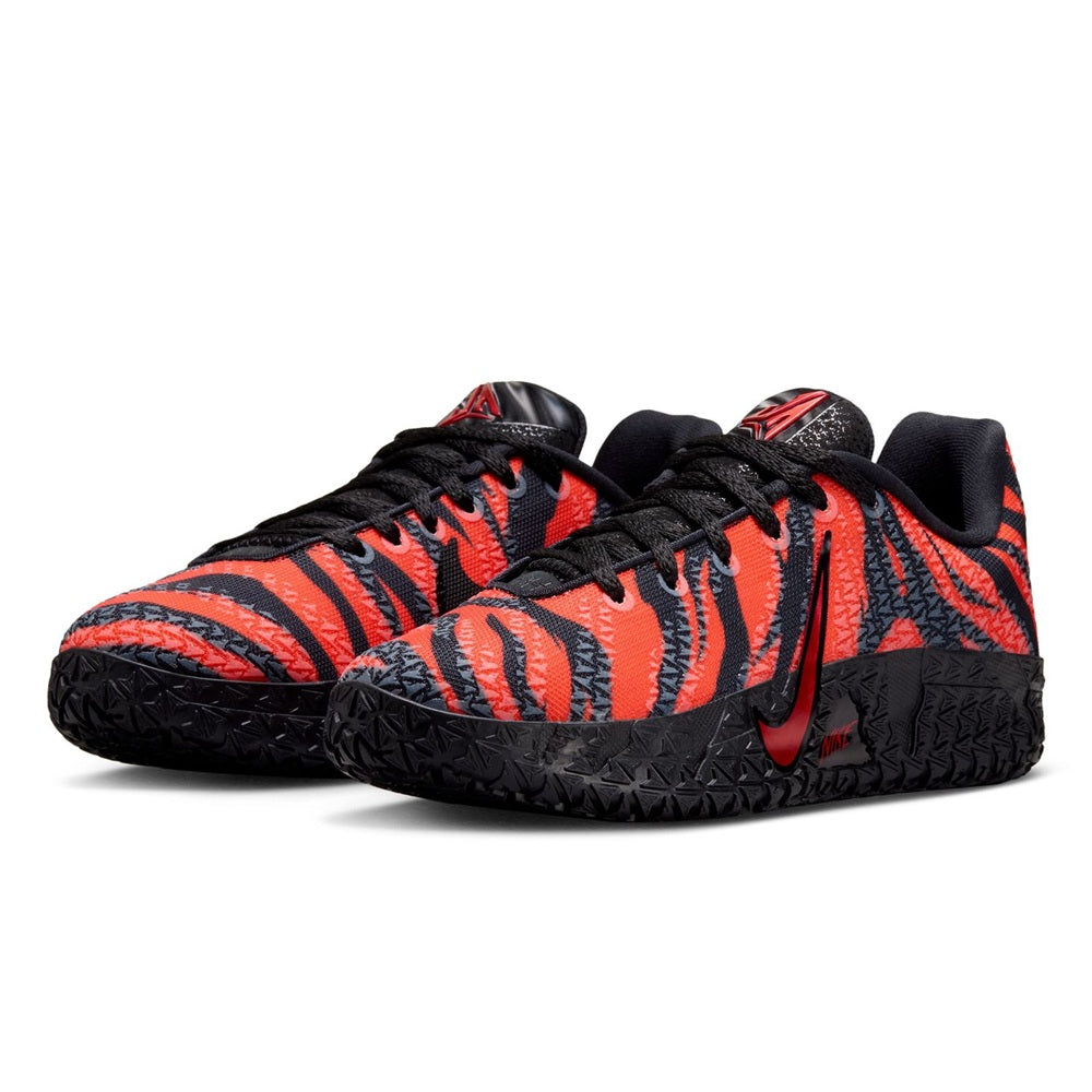 Kids' Nike Ja 3 sneakers, orange and black zebra-like upper with black laces
