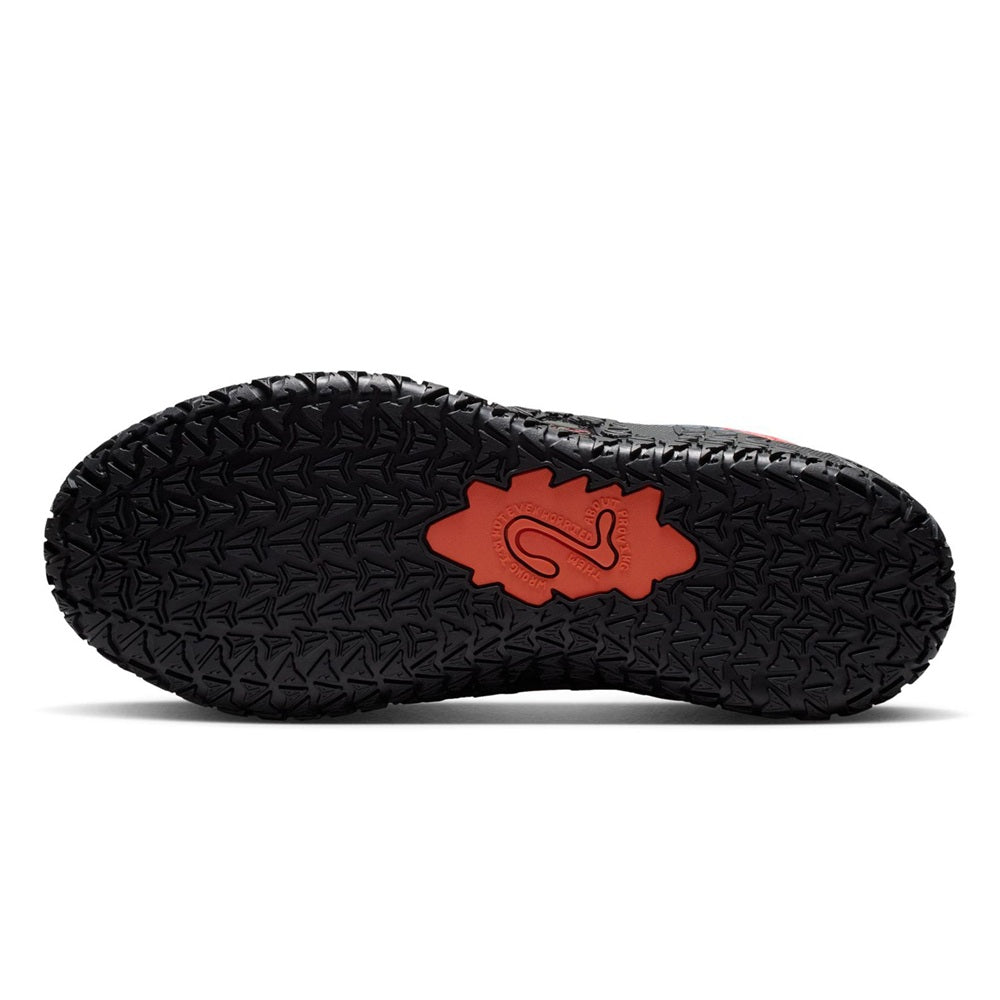 Kids' Nike Ja 3 shoe outsole in black with orange swoosh graphic