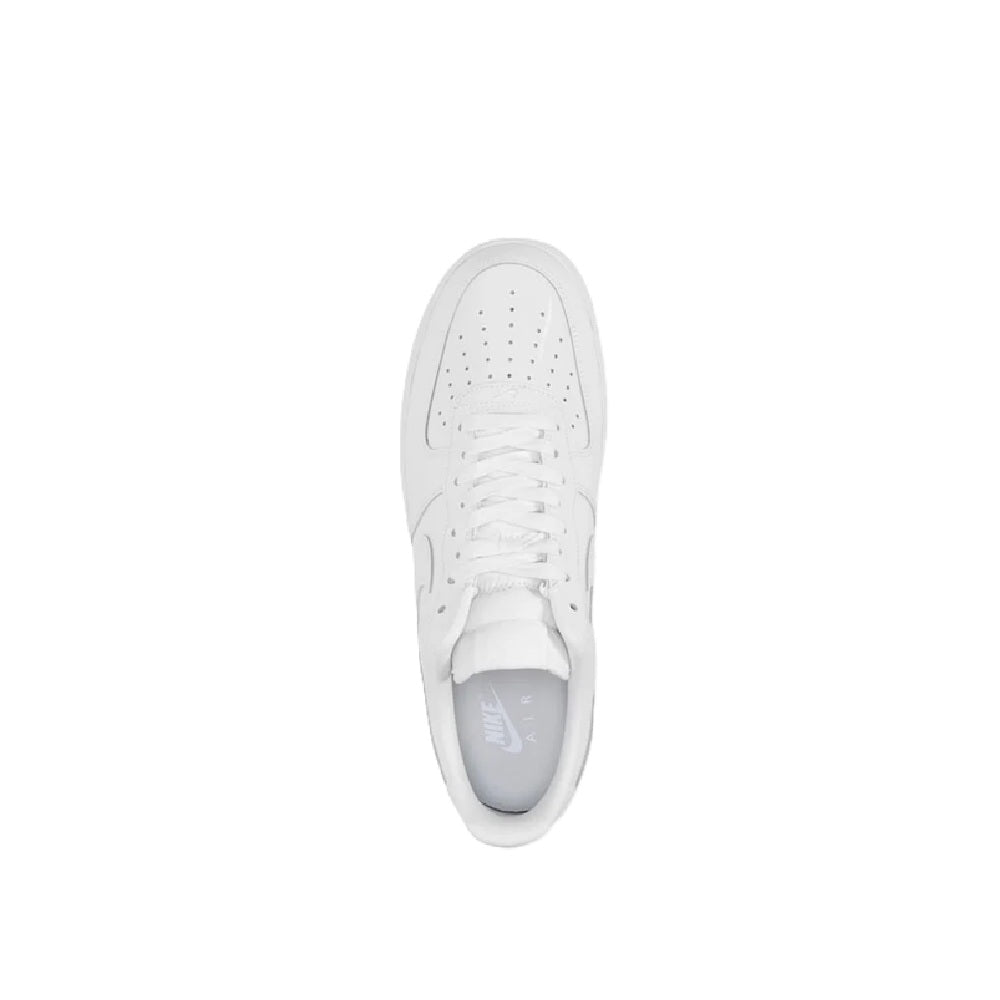 White Nike Air Force 1 PRM sneakers top view with laces and perforated toe