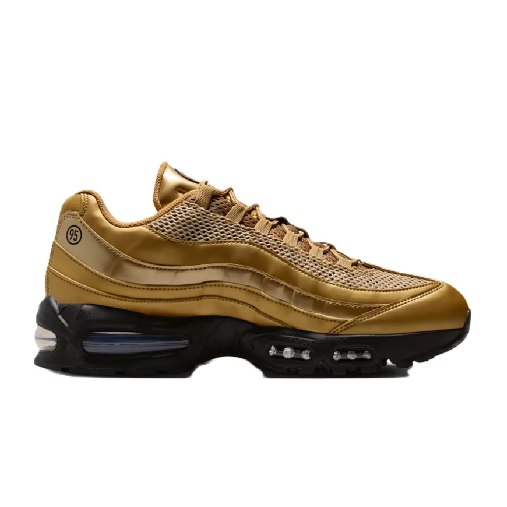 Men's Nike Air Max 95 sneaker in metallic gold with black mesh and visible air unit