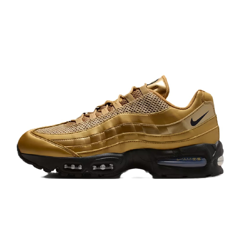 Men's Nike Air Max 95 sneaker, metallic gold upper with black sole and side swoosh