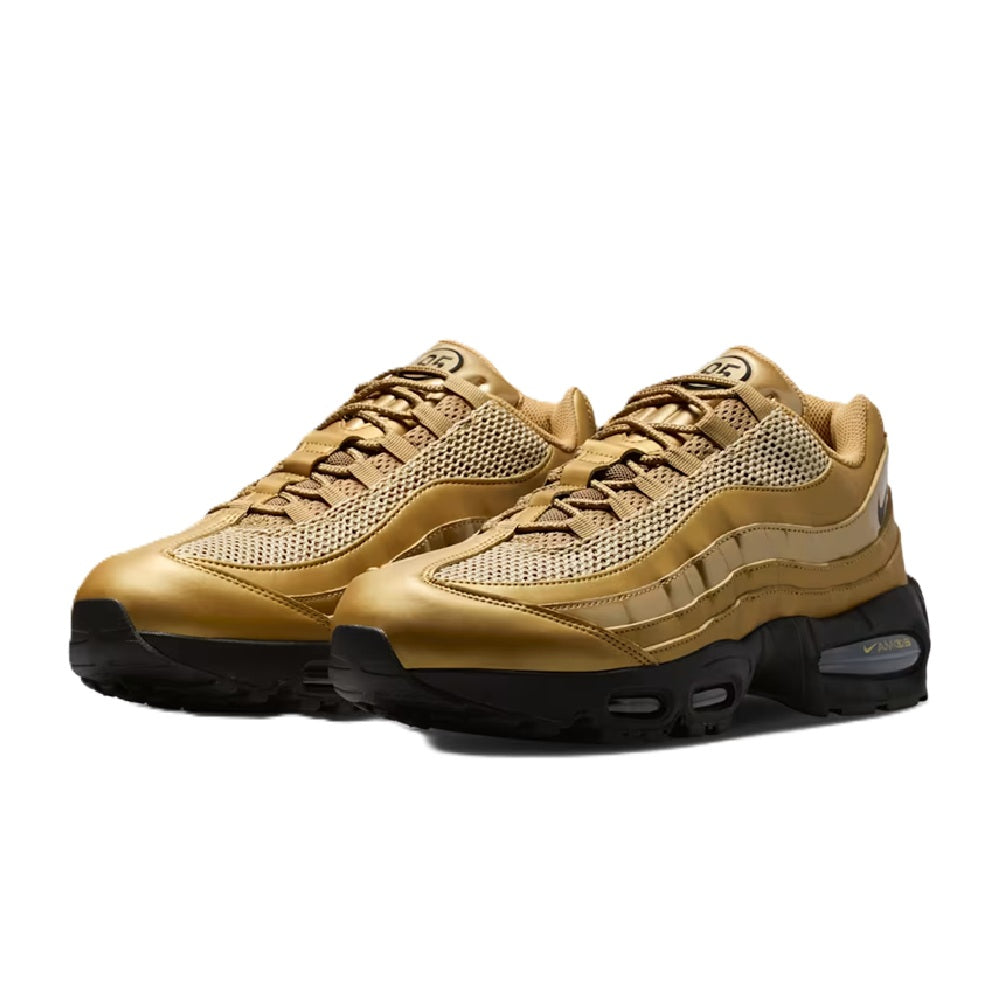 Men's Nike Air Max 95 sneaker pair, metallic gold mesh and leather with black rubber outsole