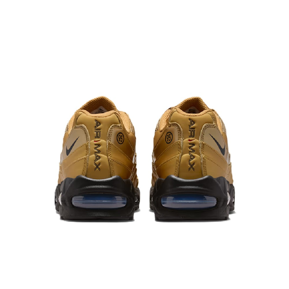Men's Nike Air Max 95 sneakers from back, metallic gold heels with black midsoles