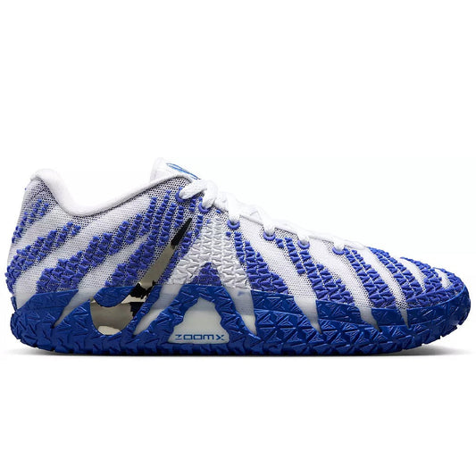 Nike Ja 3 basketball shoes in white and blue, knit upper, laces, and textured sole
