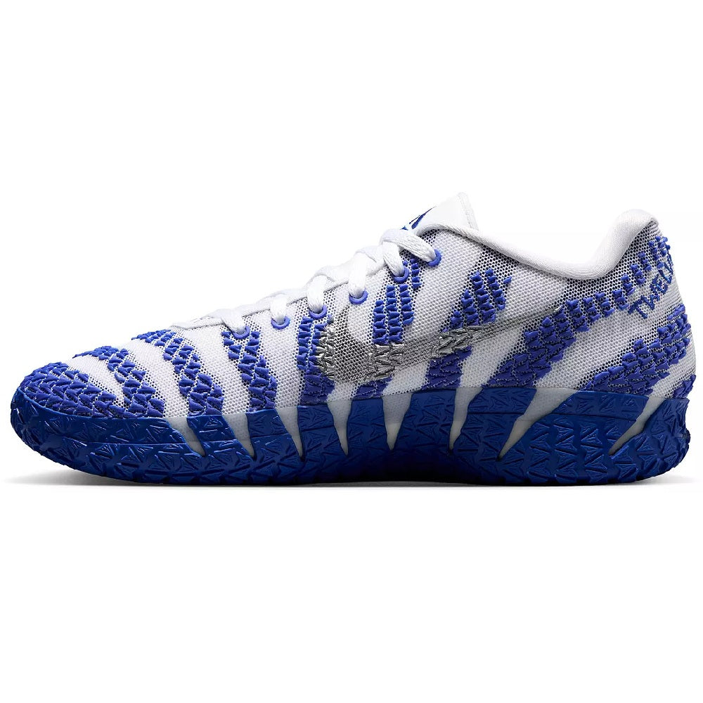 Nike Ja 3 low-top basketball sneakers with white laces, blue/white knit panels, side view