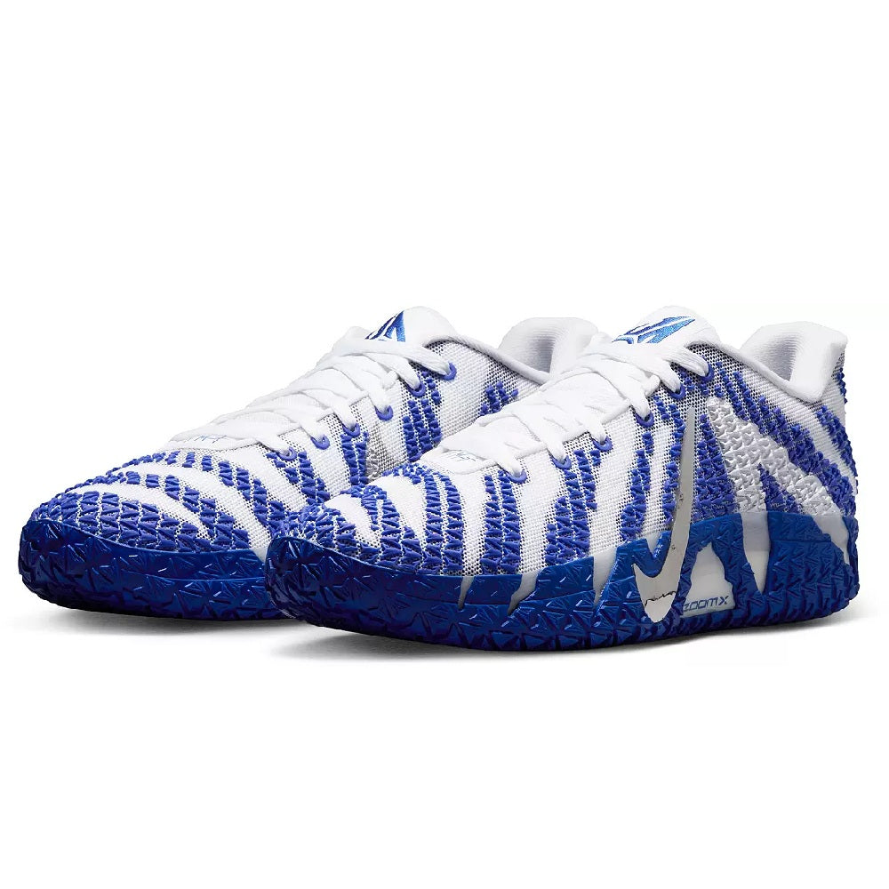 Nike Ja 3 basketball shoes, front angled view with blue-and-white knit upper and blue sole