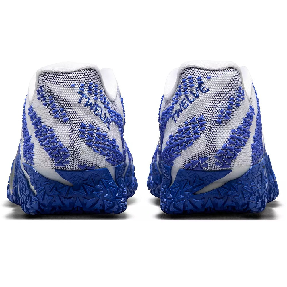 Nike Ja 3 shoes, back view showing white heel panels and blue sculpted outsole edges