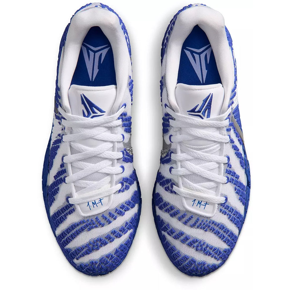 Nike Ja 3 sneakers showing white laces and blue-striped knit with interior branding