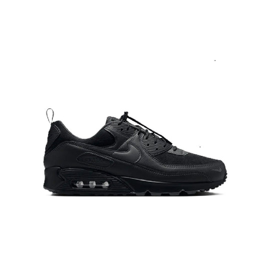 Black Nike Air Max 90 running sneakers with lace-up front and visible Air units