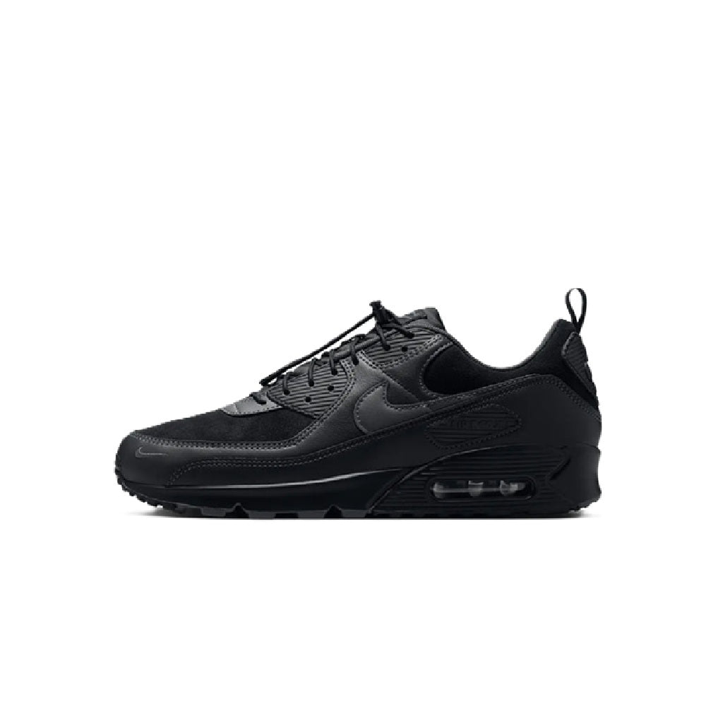 Black Nike Air Max 90 sneaker, side view with molded logo details and lace-up