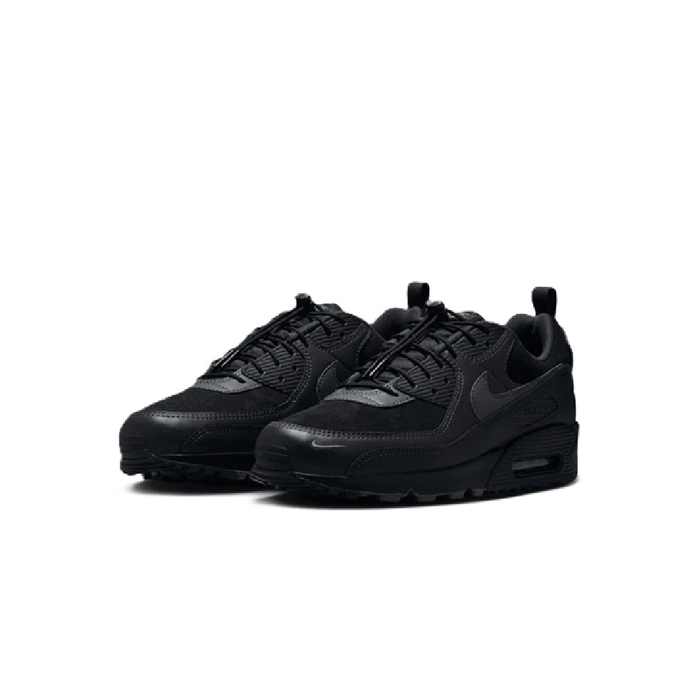 Black Nike Air Max 90 sneakers, angled view with Air window midsole