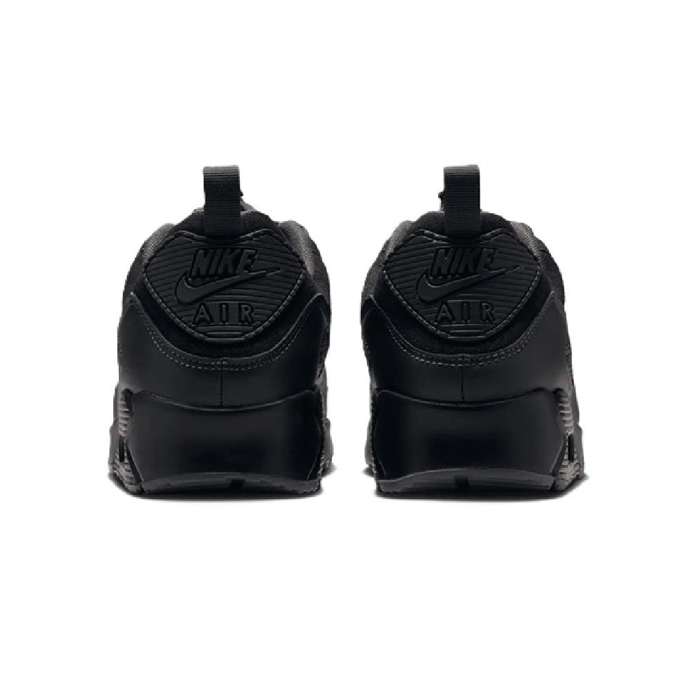 Black Nike Air Max 90 sneakers, rear view with Nike Air logo on heel