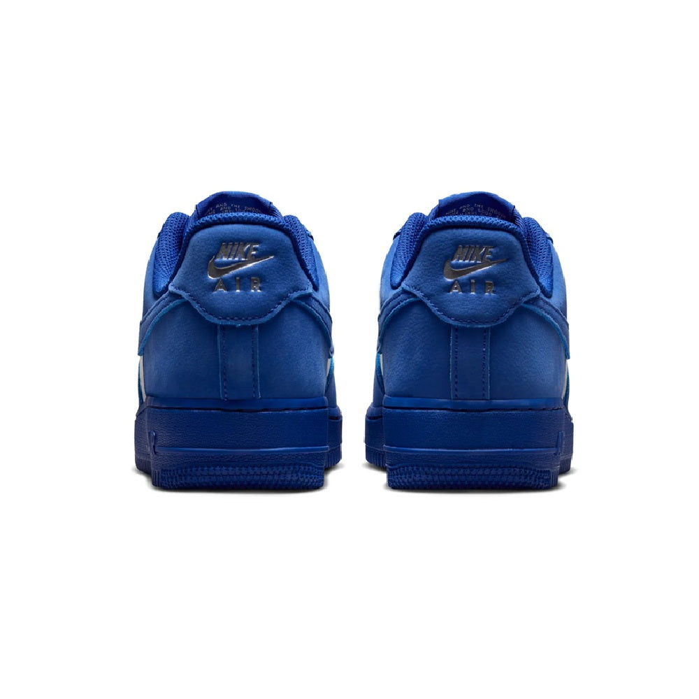 Women's Nike Air Force 1 low sneakers, royal blue back view with Nike Air label