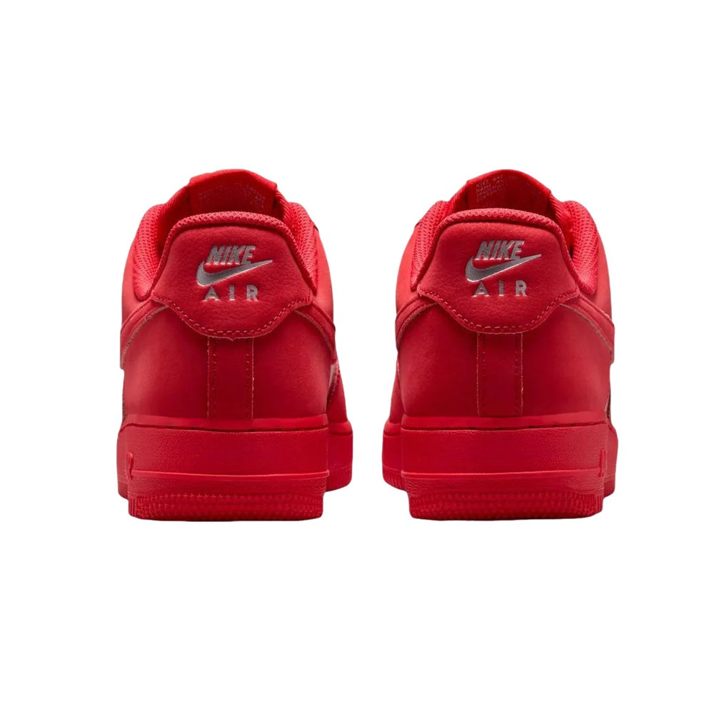 Red Nike Air Force 1 low-top sneakers, back view with Nike Air logo on heels