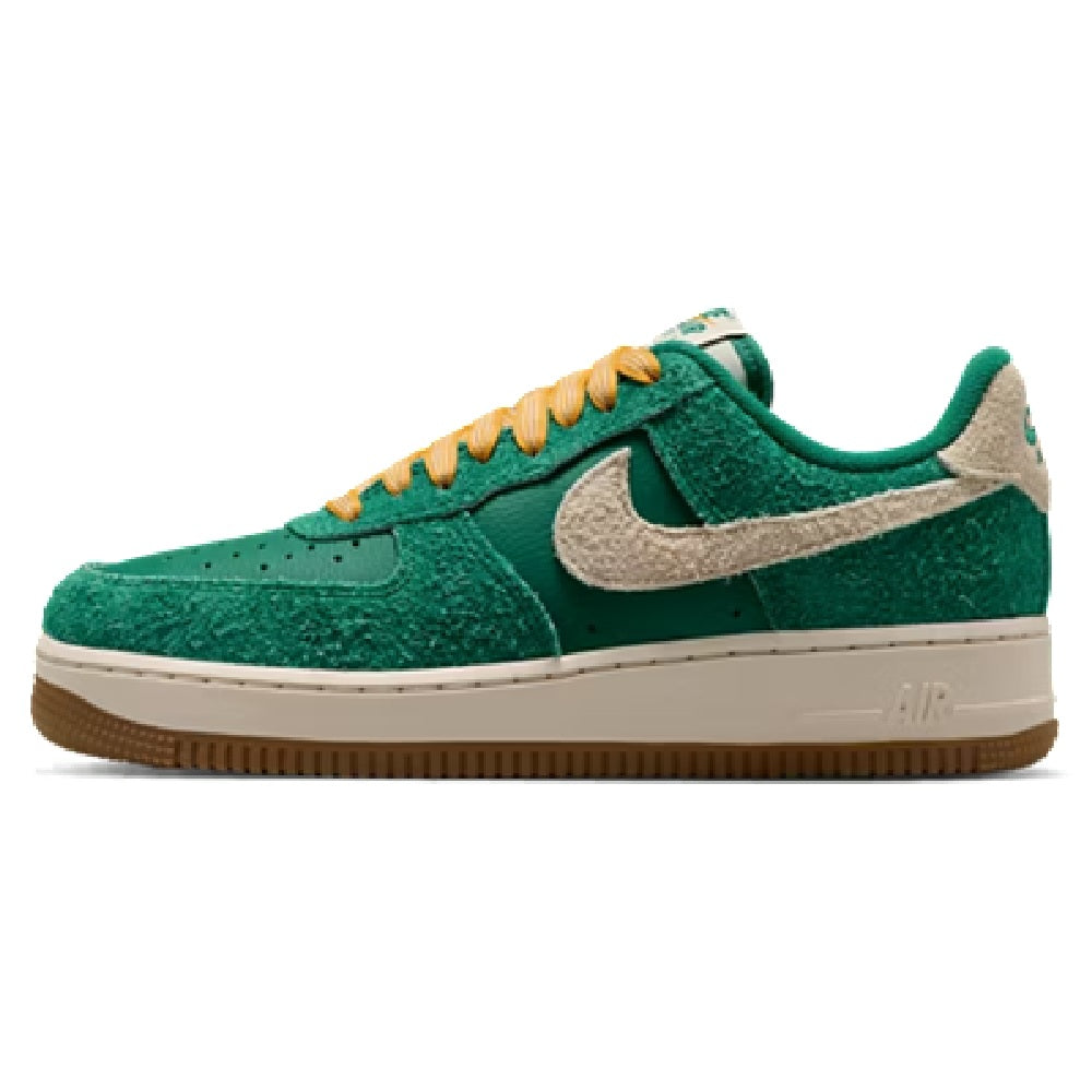 Nike Air Force 1 low-top sneakers, green suede upper with silver swoosh and orange lace up