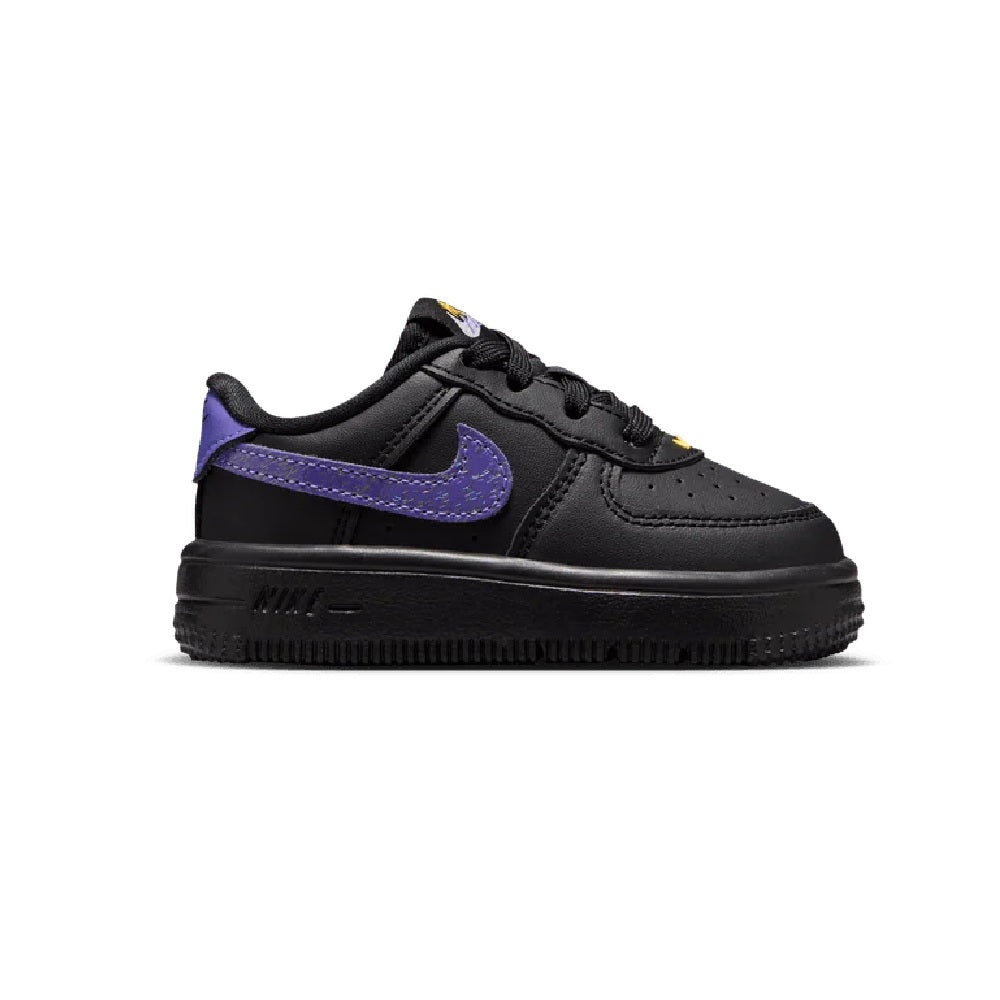Toddler Nike Force 1 Low sneakers, black with purple side Swoosh and lace-up front